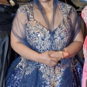 Embellished Navy Blue Evening Gown with Sheer Overlay